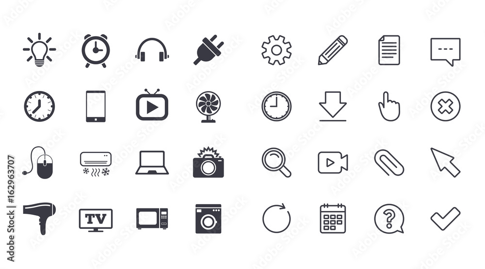 Set of Electronics, Home appliances and Devices icons. Hairdryer, Photo camera and Notebook signs. Air conditioning, Washing machine and Microwave oven symbols. Vector Set of Electronics, Home appliances and Devices icons. Hairdryer, Photo camera and Notebook signs. Air conditioning, Washing machine and Microwave oven symbols. Vector