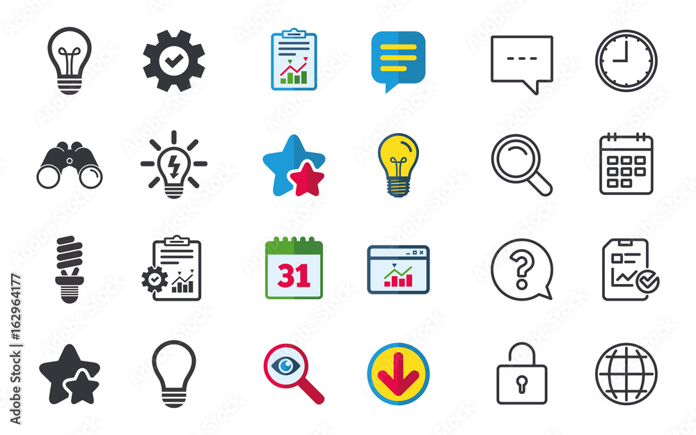 Light lamp icons. Fluorescent lamp bulb symbols. Energy saving. Idea and success sign. Chat, Report and Calendar signs. Stars, Statistics and Download icons. Question, Clock and Globe. Vector Light lamp icons. Fluorescent lamp bulb symbols. Energy saving. Idea and success sign. Chat, Report and Calendar signs. Stars, Statistics and Download icons. Question, Clock and Globe. Vector