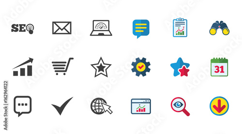 Internet, seo icons. Tick, online shopping and chart signs. Bandwidth, mobile device and chat symbols. Calendar, Report and Download signs. Stars, Service and Search icons. Vector