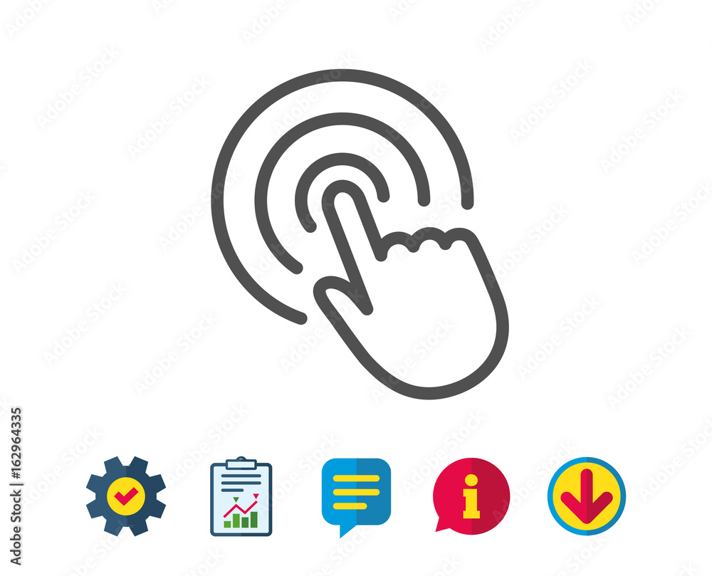 Hand Click line icon. Finger touch sign. Cursor pointer symbol. Report, Service and Information line signs. Download, Speech bubble icons. Editable stroke. Vector Hand Click line icon. Finger touch sign. Cursor pointer symbol. Report, Service and Information line signs. Download, Speech bubble icons. Editable stroke. Vector