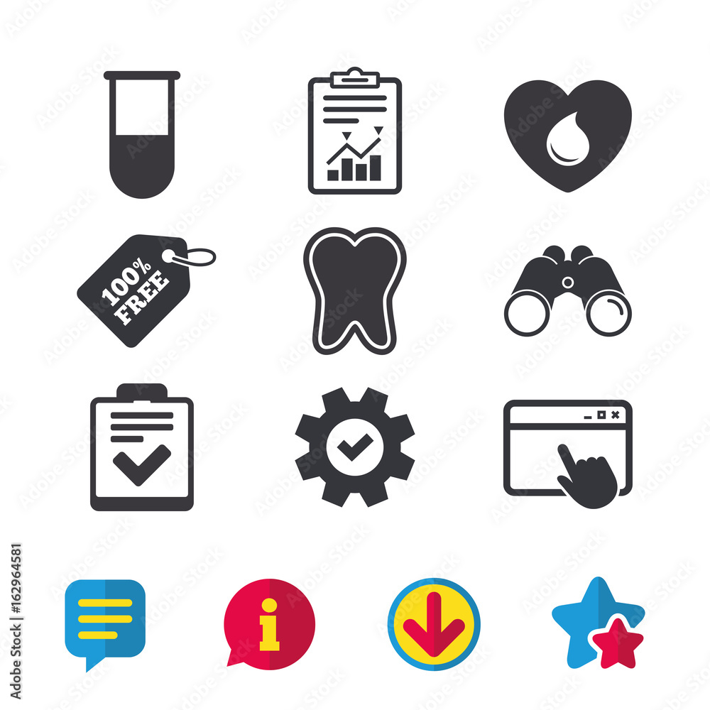 Medical icons. Tooth, test tube, blood donation and checklist signs. Laboratory equipment symbol. Dental care. Browser window, Report and Service signs. Binoculars, Information and Download icons Medical icons. Tooth, test tube, blood donation and checklist signs. Laboratory equipment symbol. Dental care. Browser window, Report and Service signs. Binoculars, Information and Download icons