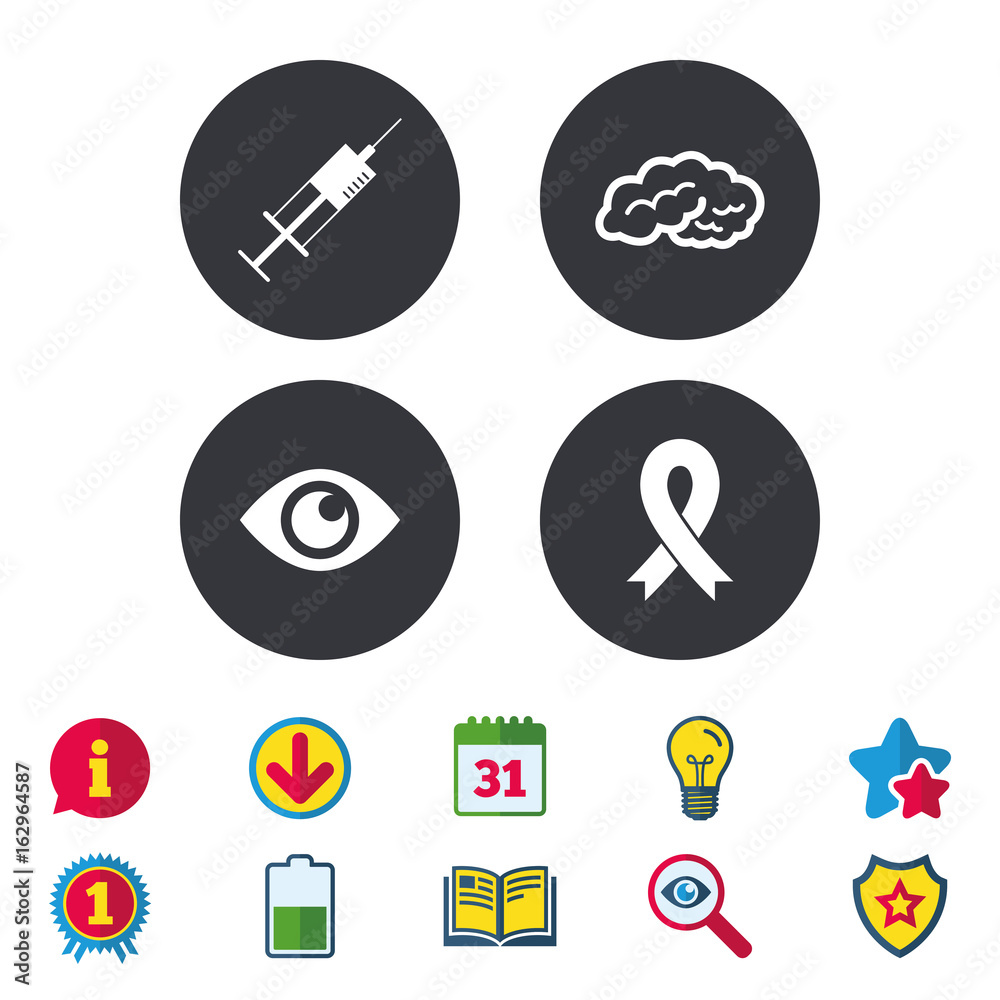 Medicine icons. Syringe, eye, brain and ribbon signs. Breast cancer awareness symbol. Human intelligent smart mind. Calendar, Information and Download signs. Stars, Award and Book icons. Vector