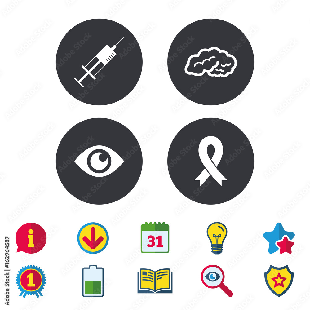 Medicine icons. Syringe, eye, brain and ribbon signs. Breast cancer awareness symbol. Human intelligent smart mind. Calendar, Information and Download signs. Stars, Award and Book icons. Vector Medicine icons. Syringe, eye, brain and ribbon signs. Breast cancer awareness symbol. Human intelligent smart mind. Calendar, Information and Download signs. Stars, Award and Book icons. Vector