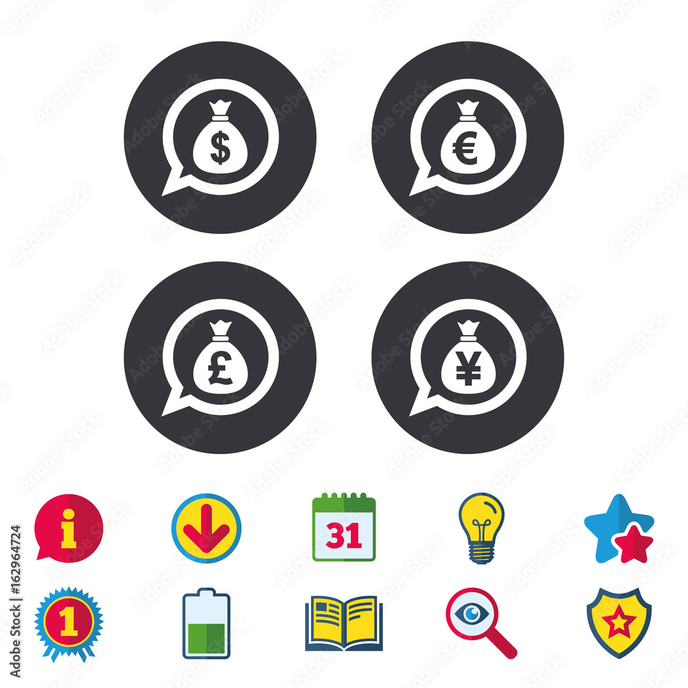 Money bag icons. Dollar, Euro, Pound and Yen speech bubbles symbols. USD, EUR, GBP and JPY currency signs. Calendar, Information and Download signs. Stars, Award and Book icons. Vector