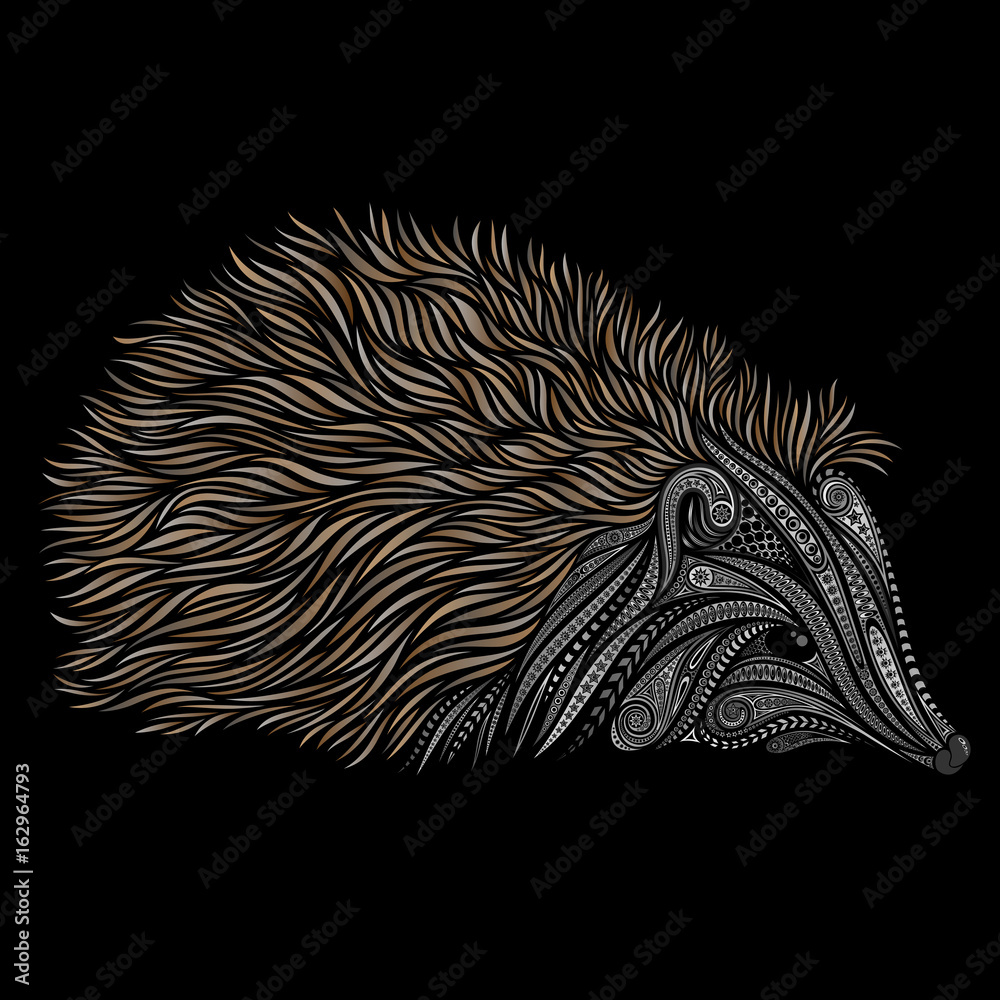 Gray vector hedgehog from patterns on a black background Gray vector hedgehog from patterns on a black background