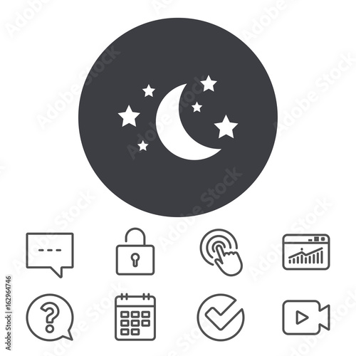 Moon and stars icon. Sleep dreams symbol. Night or bed time sign. Calendar, Locker and Speech bubble line signs. Video camera, Statistics and Question icons. Vector