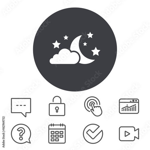 Moon, clouds and stars icon. Sleep dreams symbol. Night or bed time sign. Calendar, Locker and Speech bubble line signs. Video camera, Statistics and Question icons. Vector