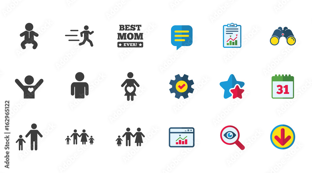 People, family icons. Maternity, person and baby signs. Best mom, father and mother symbols. Calendar, Report and Download signs. Stars, Service and Search icons. Statistics, Binoculars and Chat