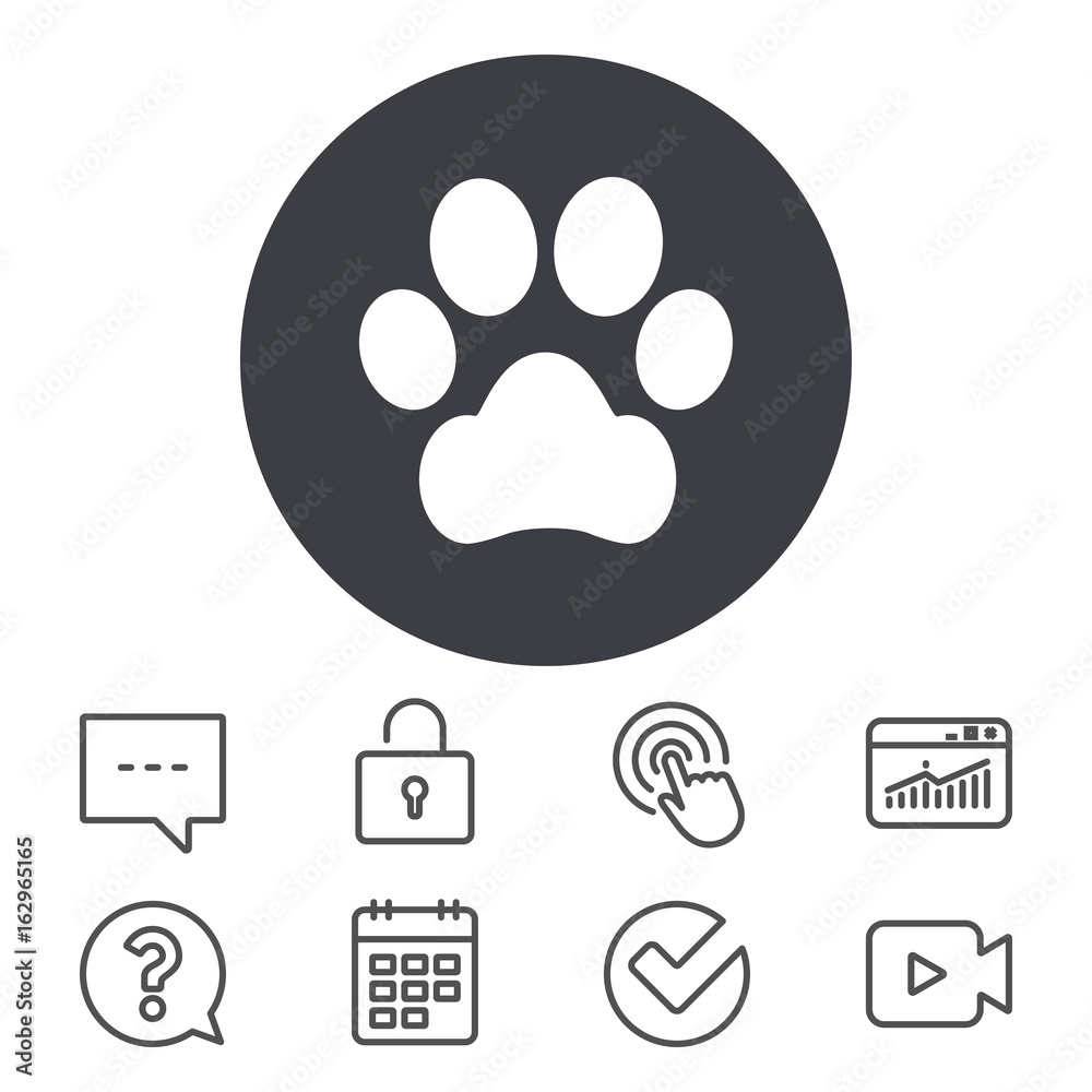 Dog paw sign icon. Pets symbol. Calendar, Locker and Speech bubble line signs. Video camera, Statistics and Question icons. Vector Dog paw sign icon. Pets symbol. Calendar, Locker and Speech bubble line signs. Video camera, Statistics and Question icons. Vector