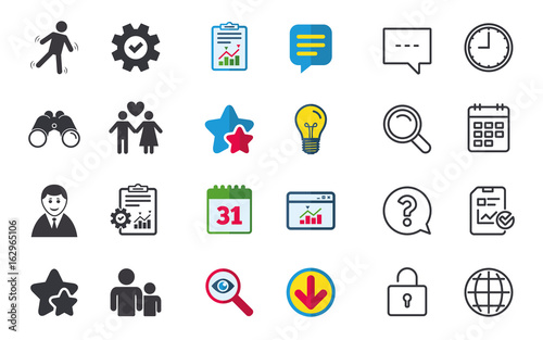 Businessman person icon. Group of people symbol. Man love Woman or Lovers sign. Caution slippery. Chat, Report and Calendar signs. Stars, Statistics and Download icons. Question, Clock and Globe