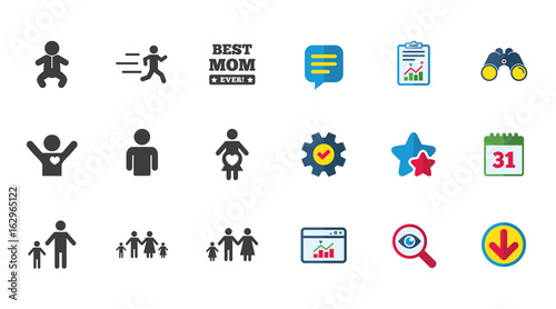 People, family icons. Maternity, person and baby signs. Best mom, father and mother symbols. Calendar, Report and Download signs. Stars, Service and Search icons. Statistics, Binoculars and Chat