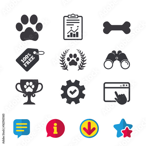 Pets icons. Dog paw sign. Winner laurel wreath and cup symbol. Pets food. Browser window, Report and Service signs. Binoculars, Information and Download icons. Stars and Chat. Vector