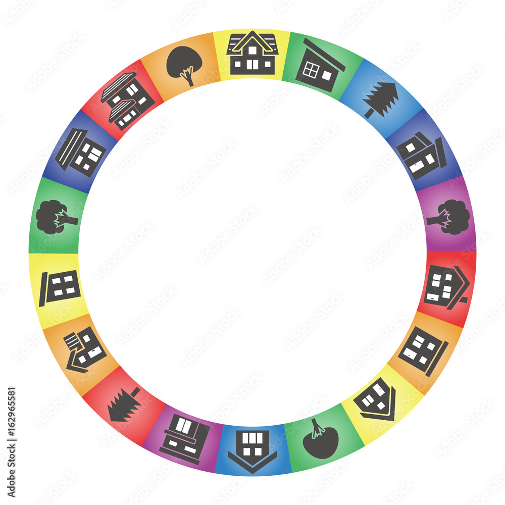 circle of simple house and tree - silhouette and iridescent background - circle of simple house and tree - silhouette and iridescent background -
