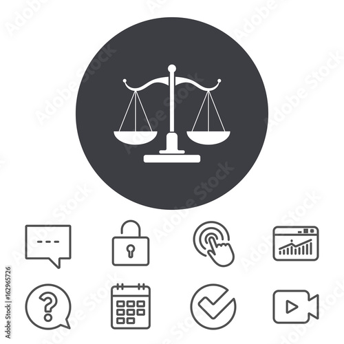 Scales of Justice sign icon. Court of law symbol. Calendar, Locker and Speech bubble line signs. Video camera, Statistics and Question icons. Vector