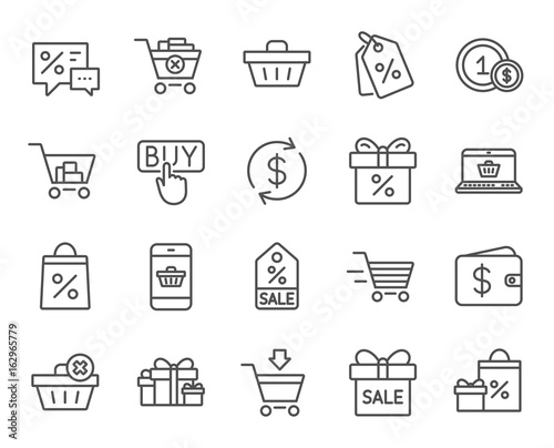 Shopping line icons. Gifts, Presents and Sale offer signs. Shopping cart, Delivery and Tags symbols. Speech bubble, Discount and Wallet. Online buying. Quality design elements. Editable stroke. Vector