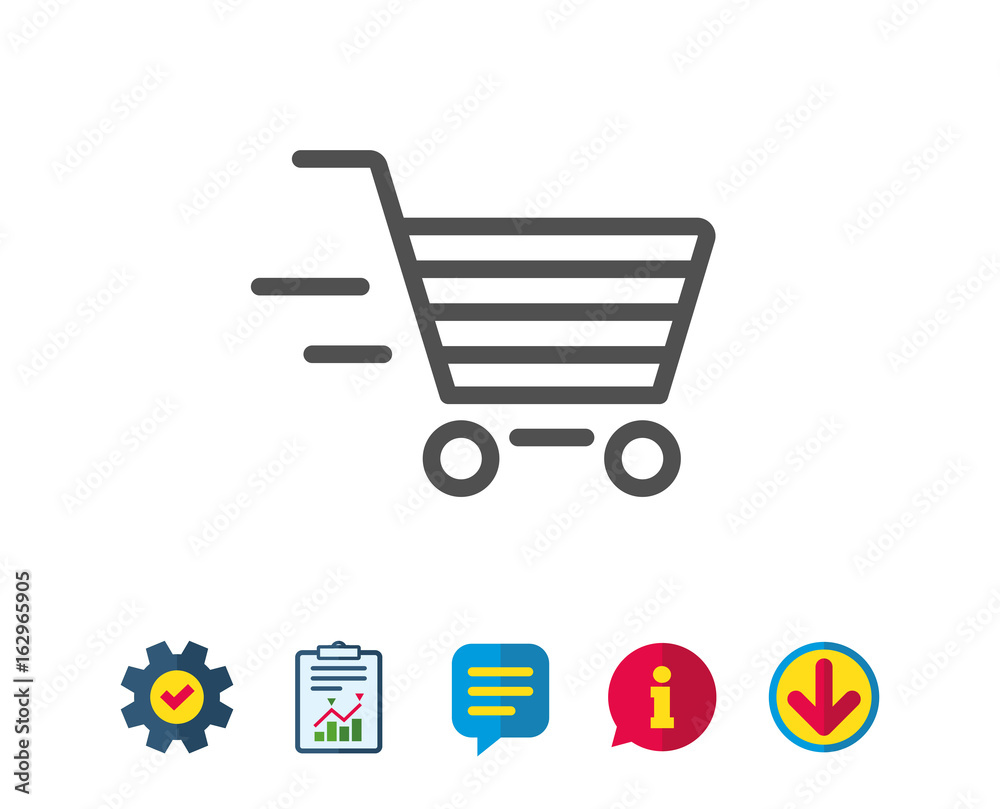Delivery Service line icon. Shopping cart sign. Express Online buying. Supermarket basket symbol. Report, Service and Information line signs. Download, Speech bubble icons. Editable stroke. Vector Delivery Service line icon. Shopping cart sign. Express Online buying. Supermarket basket symbol. Report, Service and Information line signs. Download, Speech bubble icons. Editable stroke. Vector