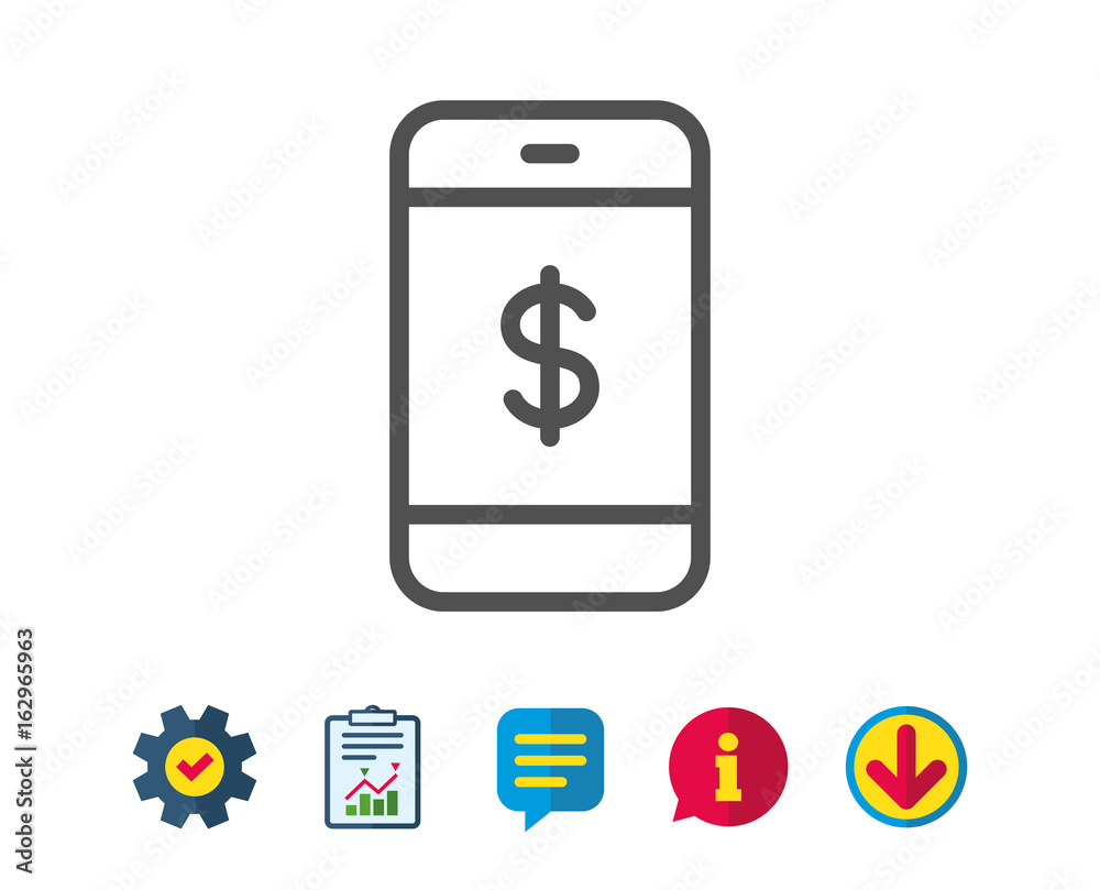 Mobile Shopping line icon. Smartphone Online buying sign. Dollar symbol. Report, Service and Information line signs. Download, Speech bubble icons. Editable stroke. Vector Mobile Shopping line icon. Smartphone Online buying sign. Dollar symbol. Report, Service and Information line signs. Download, Speech bubble icons. Editable stroke. Vector