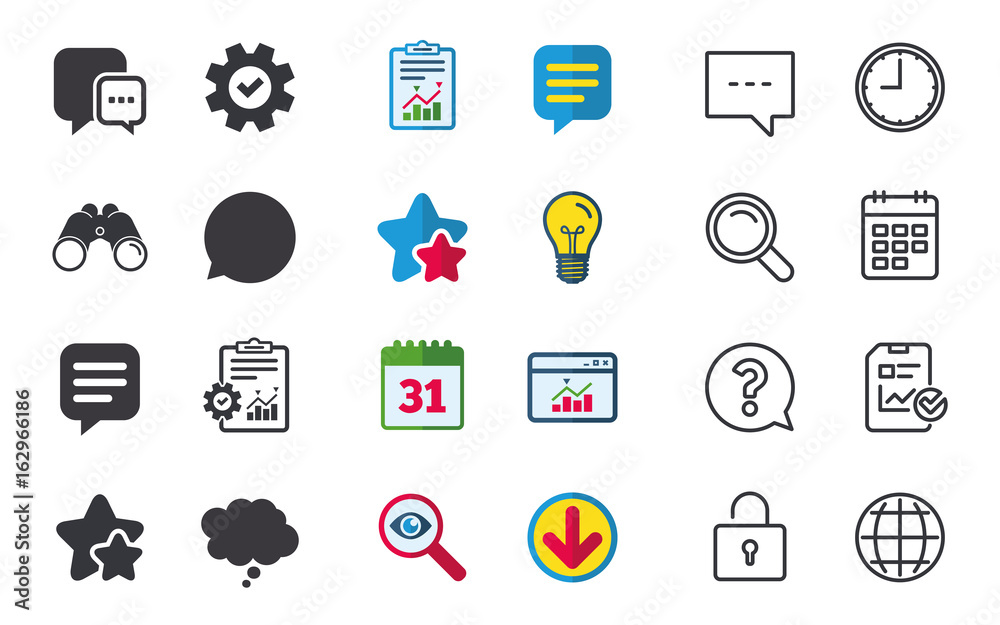 Chat icons. Comic speech bubble signs. Communication think symbol. Chat, Report and Calendar signs. Stars, Statistics and Download icons. Question, Clock and Globe. Vector