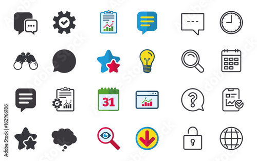 Chat icons. Comic speech bubble signs. Communication think symbol. Chat, Report and Calendar signs. Stars, Statistics and Download icons. Question, Clock and Globe. Vector