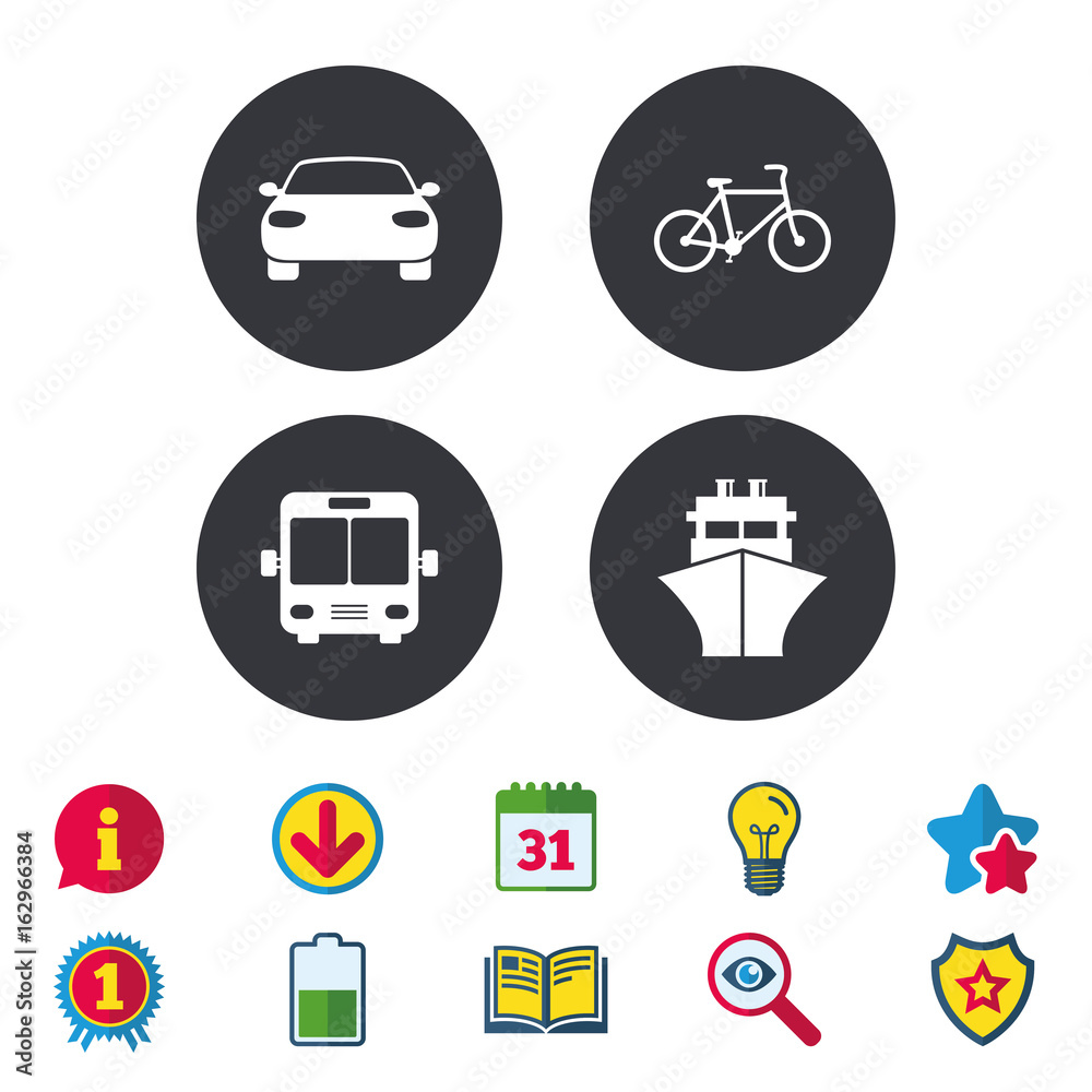 Transport icons. Car, Bicycle, Public bus and Ship signs. Shipping delivery symbol. Family vehicle sign. Calendar, Information and Download signs. Stars, Award and Book icons. Vector Transport icons. Car, Bicycle, Public bus and Ship signs. Shipping delivery symbol. Family vehicle sign. Calendar, Information and Download signs. Stars, Award and Book icons. Vector