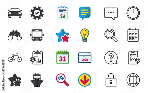 Transport icons. Car, Bicycle, Public bus and Ship signs. Shipping delivery symbol. Family vehicle sign. Chat, Report and Calendar signs. Stars, Statistics and Download icons. Vector