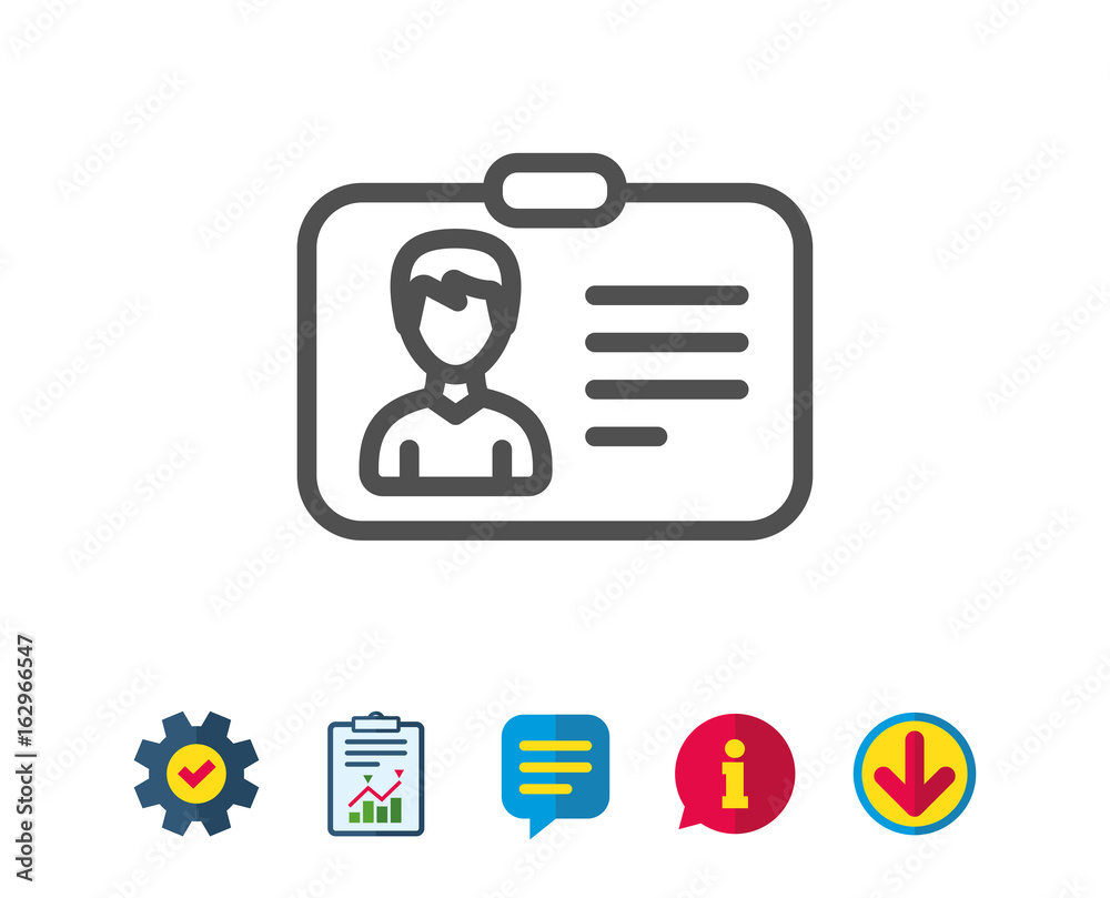 ID card line icon. User Profile sign. Male Person silhouette symbol. Identification plastic card. Report, Service and Information line signs. Download, Speech bubble icons. Editable stroke. Vector ID card line icon. User Profile sign. Male Person silhouette symbol. Identification plastic card. Report, Service and Information line signs. Download, Speech bubble icons. Editable stroke. Vector
