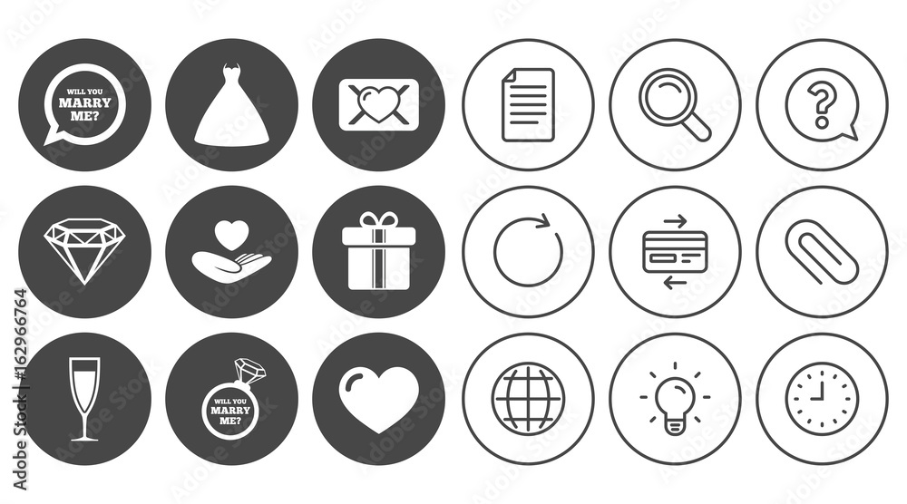 Wedding, engagement icons. Love oath letter, gift box and brilliant signs. Dress, heart and champagne glass symbols. Document, Globe and Clock line signs. Lamp, Magnifier and Paper clip icons. Vector