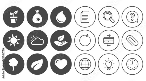Garden sprout, leaf icons. Nature and weather signs. Sun, cloud and tree symbols. Document, Globe and Clock line signs. Lamp, Magnifier and Paper clip icons. Question, Credit card and Refresh. Vector