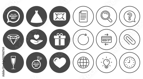 Wedding, engagement icons. Love oath letter, gift box and brilliant signs. Dress, heart and champagne glass symbols. Document, Globe and Clock line signs. Lamp, Magnifier and Paper clip icons. Vector