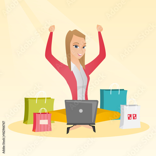 Caucasian woman using laptop for online shopping.