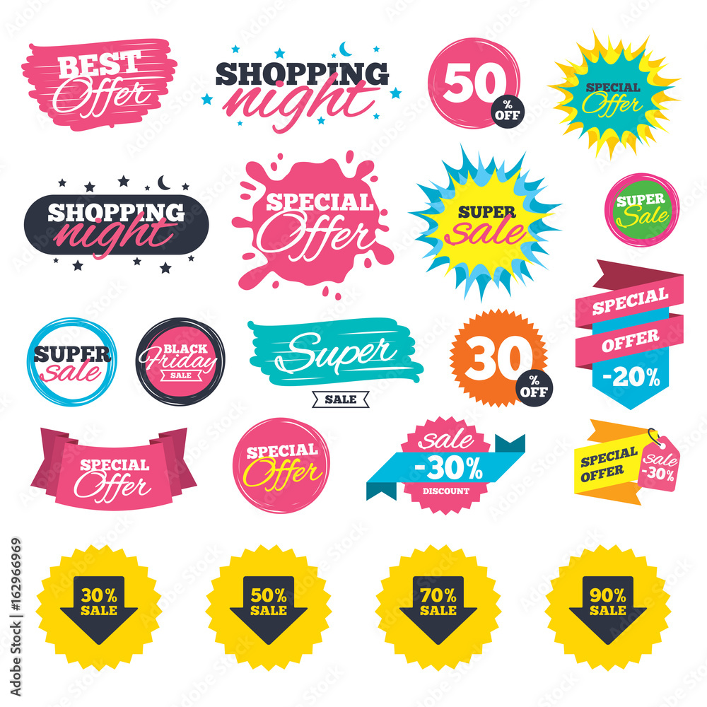 Sale shopping banners. Sale arrow tag icons. Discount special offer symbols. 30%, 50%, 70% and 90% percent sale signs. Web badges, splash and stickers. Best offer. Vector