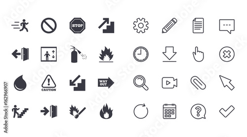 Set of Emergency, Fire safety and Protection icons. Extinguisher, Exit and Attention signs. Caution, Water drop and Way out symbols. Calendar, Document and Download line signs. Vector