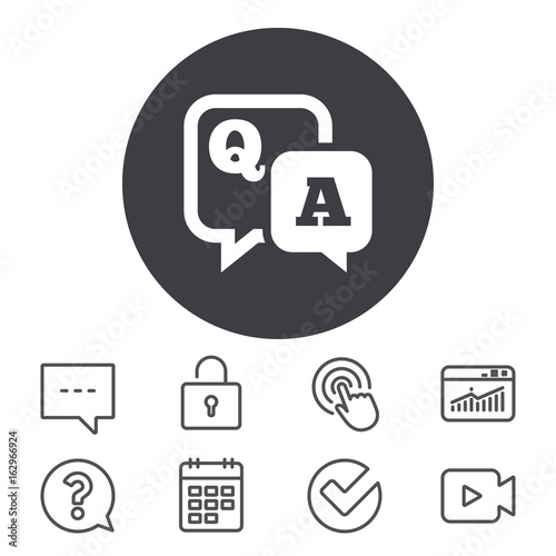 Question answer sign icon. Q&A symbol. Calendar, Locker and Speech bubble line signs. Video camera, Statistics and Question icons. Vector