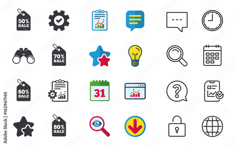 Sale price tag icons. Discount special offer symbols. 50%, 60%, 70% and 80% percent sale signs. Chat, Report and Calendar signs. Stars, Statistics and Download icons. Question, Clock and Globe. Vector