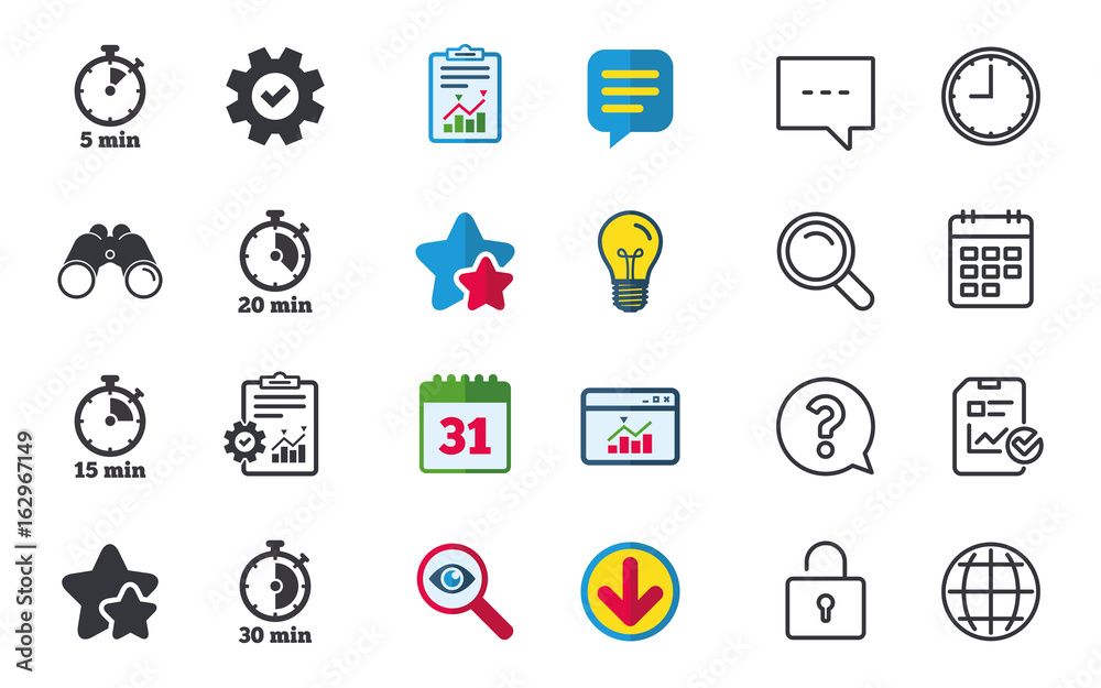 Timer icons. 5, 15, 20 and 30 minutes stopwatch symbols. Chat, Report and Calendar signs. Stars, Statistics and Download icons. Question, Clock and Globe. Vector