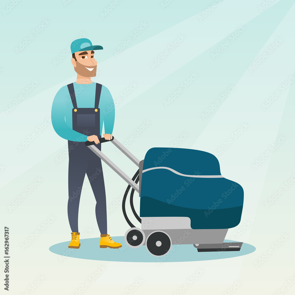 Man cleaning the store floor with a machine. Man cleaning the store floor with a machine.