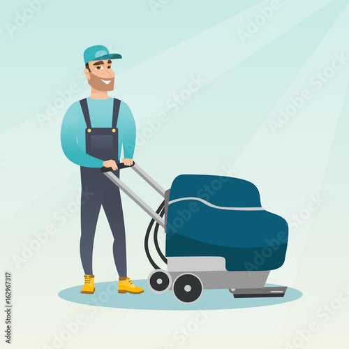 Man cleaning the store floor with a machine.
