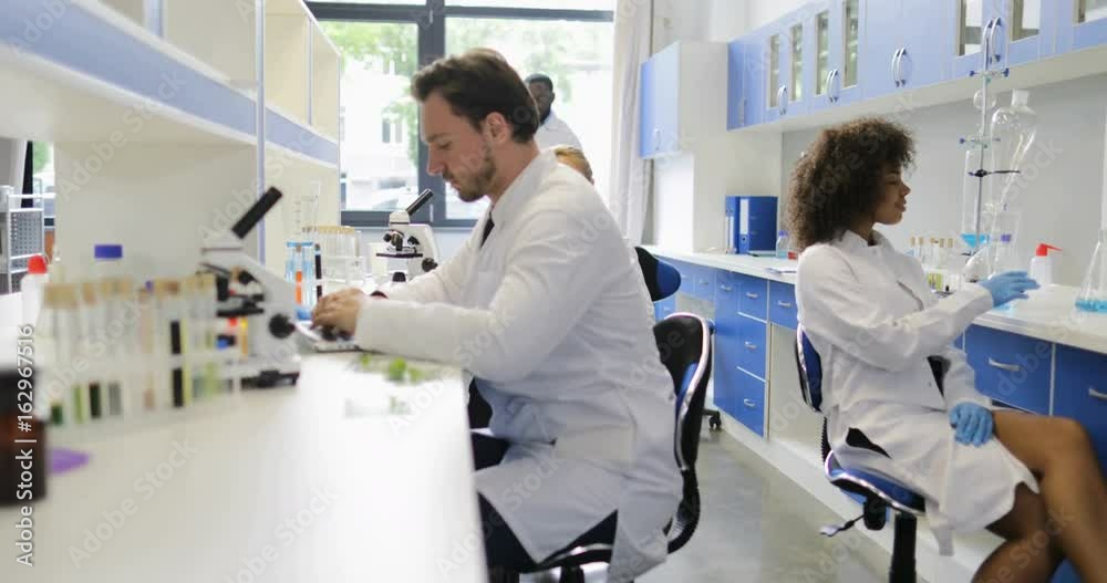 Group Of Scientists Working In Modern Laboratory, Two Colleagues Discuss Examples In Test Tubes Slow Motion 60 Group Of Scientists Working In Modern Laboratory, Two Colleagues Discuss Examples In Test Tubes Slow Motion 60