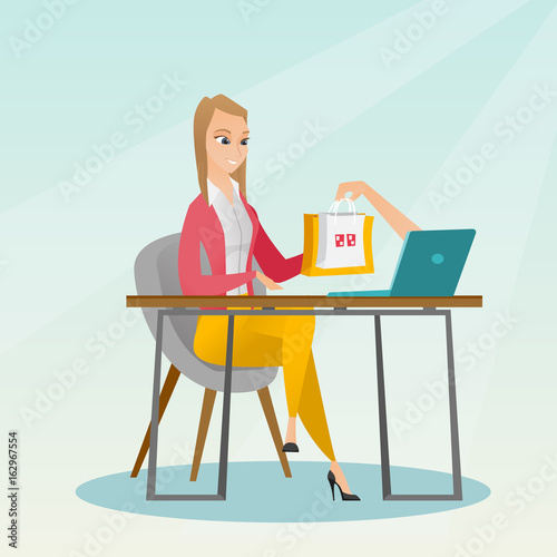 Caucasian woman getting shopping bags from laptop.