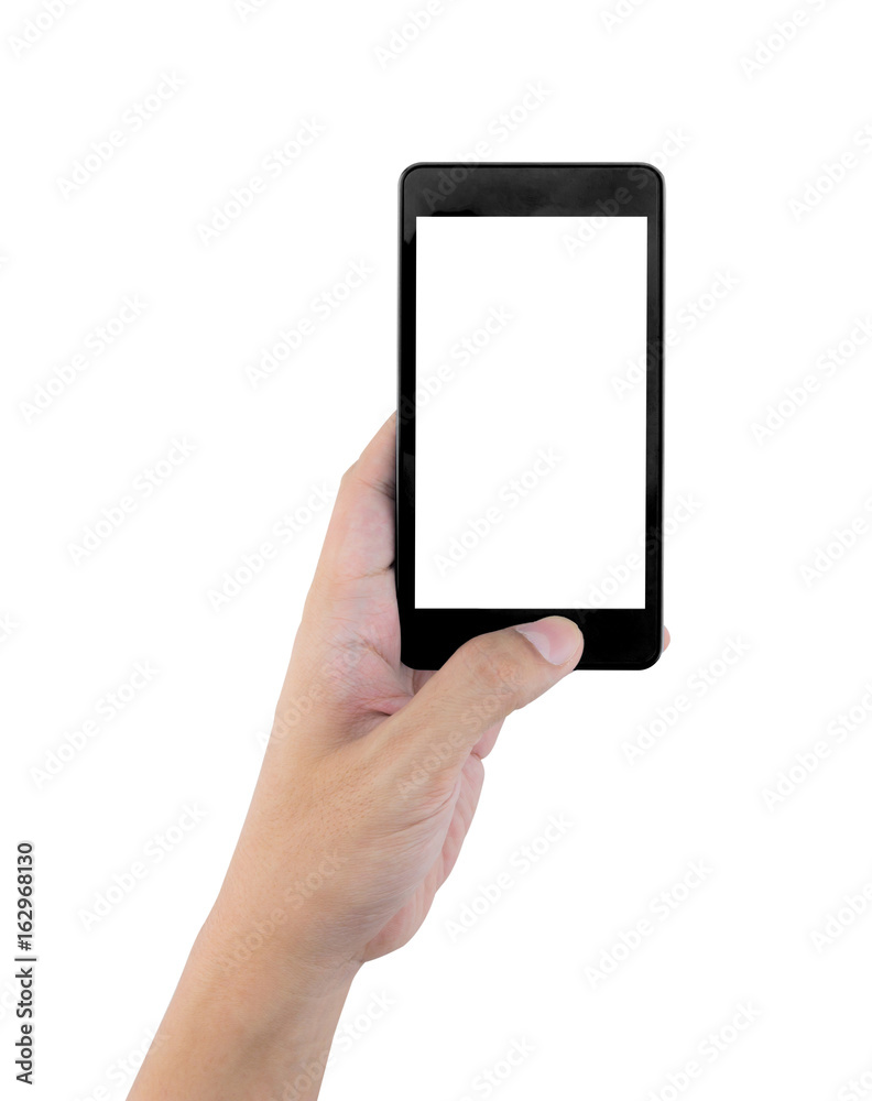 hand holding black phone isolated on white clipping path inside hand holding black phone isolated on white clipping path inside