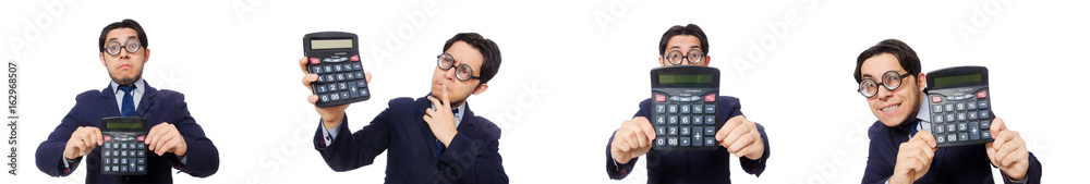 Funny man with calculator isolated on white Funny man with calculator isolated on white