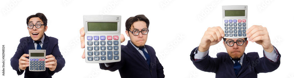 Funny man with calculator isolated on white Funny man with calculator isolated on white