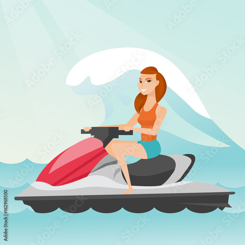 Caucasian woman riding on water scooter in the sea