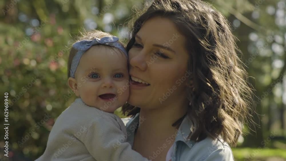 Portrait Of Happy Mother And Her Sweet Baby Girl, They Laugh And Smile, Enjoying A Sunny Day Outside