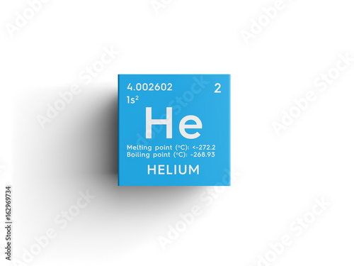Helium. Noble gases. Chemical Element of Mendeleev's Periodic Table. Helium in square cube creative concept.