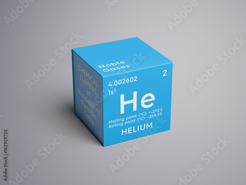 Helium. Noble gases. Chemical Element of Mendeleev's Periodic Table. Helium in square cube creative concept. photo