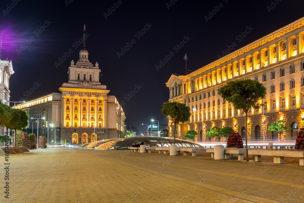 SOFIA, BULGARIA - JUNE 30, 2017: Night photo of Buildings of Presidency and Former Communist Party House in Sofia, Bulgaria