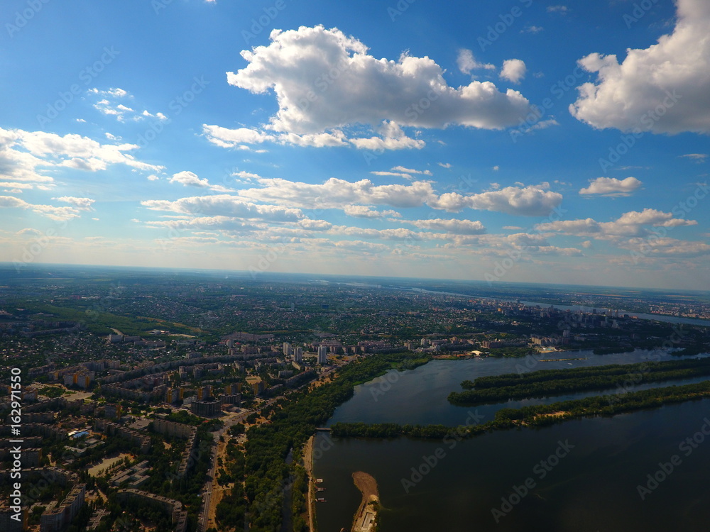 Aerial view. Houses and river in the city Dnepr, Ukraine.