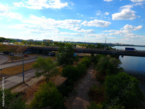 Aerial view. Bridge and river in the city Dnepr, Ukraine.