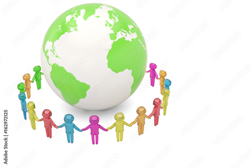 Human character holding hands around the globe world community concept high quality 3D illustration